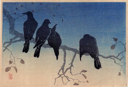 Shotei Takahashi: Crows on Cold Night Woodblock