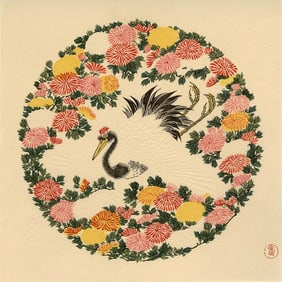 Shunman Kubo: Chrysanthemum and Crane Woodblock