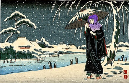 Sozan: Woman Walking in Snow Woodblock