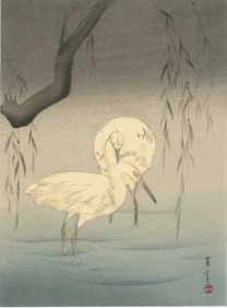 Watanabe Seitei: Wading Egrets and Willow 1920s Woodblock NR