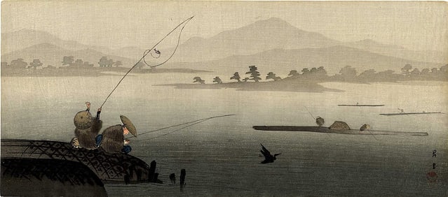 Yamamoto Shoun: River Fishing 1910s Woodblock