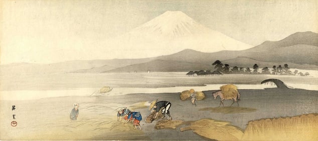 Yamamoto Shoun: Baleing Hay 1910s Woodblock