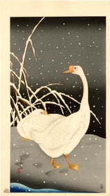 Soseki Komori: Geese and Night Snow 1929 Woodblock NR