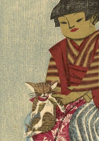 Senpan Maekawa: Girl with Her Cat 1961 Woodblock NR