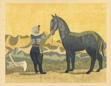 Senpan Maekawa: Girl with a Horse 1961 Woodblock NR