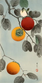 Seitei Watanabe: Nuthatch and Persimmon 1930s Woodblock NR