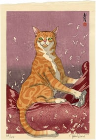 Paul Binnie: Cat Feathers (Red) 1st Ed Woodblock