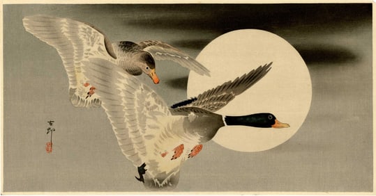 Ohara Koson: Mallard Ducks and Full Moon 1920s Woodblock NR