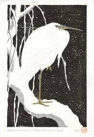 Ohara Koson (after): Egret on a Snowy Branch Woodblock NR