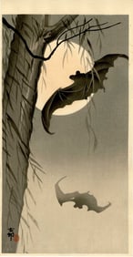 Koson Ohara: Bats Under a Full Moon 1920s Woodblock NR
