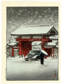 Kawase Hasui: Snow at Gate of Shiba Shrine 1936 Woodblock NR