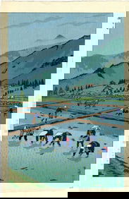 Kasamatsu Shiro: Rice Planting 1953 1st Ed Woodblock