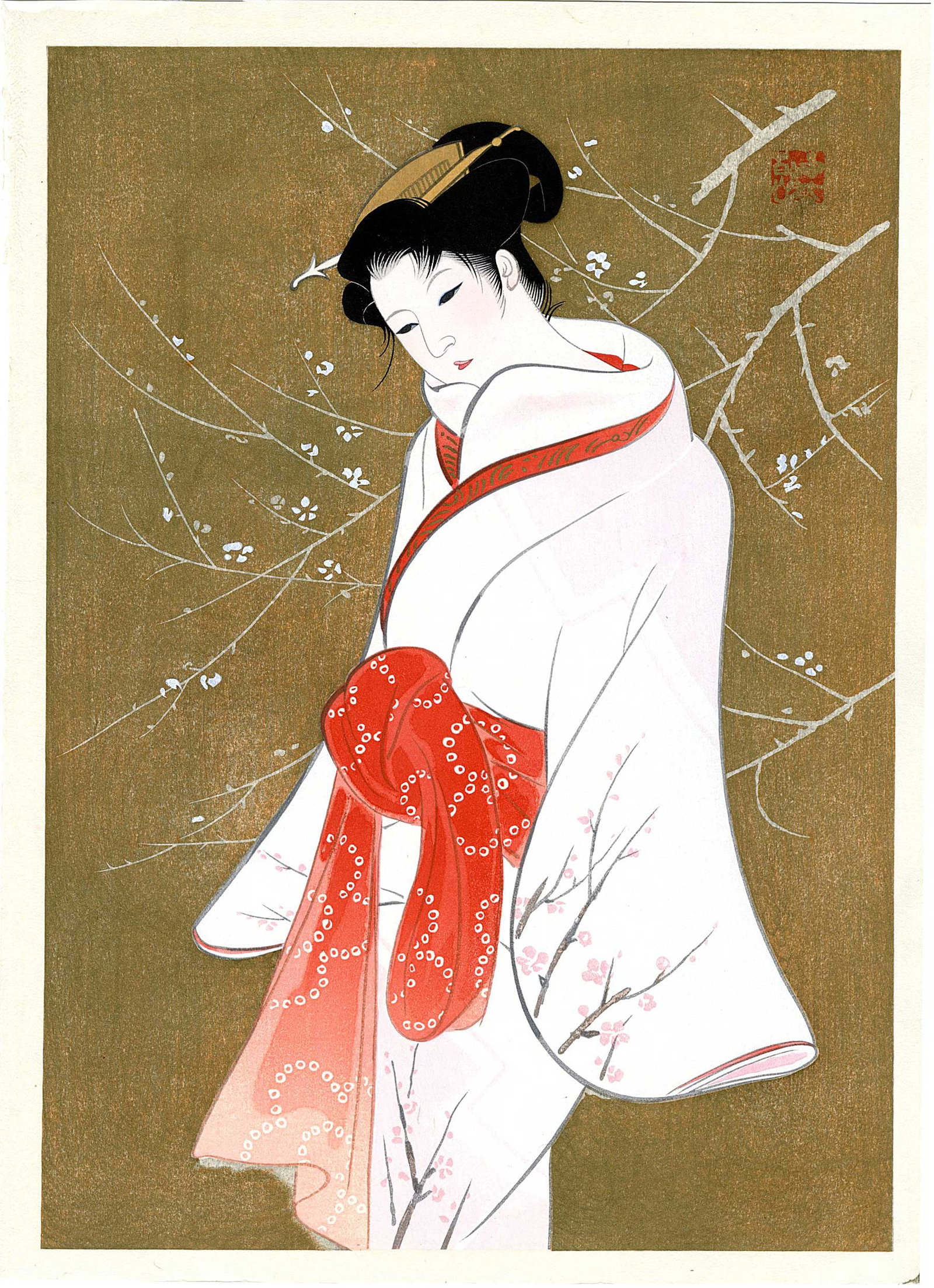 Iwata Sentaro: Plum Beauty 1970 Woodblock NR: Japanese Woodblock Print, 1970, portrait of a Bijin in the classic style of Kyoho era from the series "Compilation of Masterpieces of Bijin Woodblock Prints", published between 1960-70.(1716 - 1736).