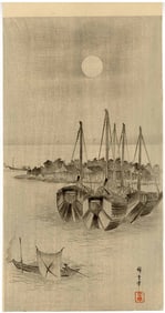 Hiroshige Ando - Boats Mooring under Full Moon woodblock NR