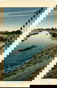 Gihachiro Okuyama: Matsudo Bank of Edo River 1950 Woodbock