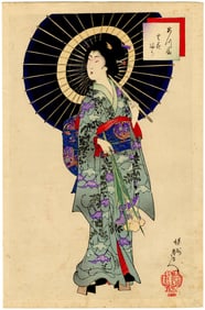 Chikanobu Toyohara: Woman with Umbrella & Irises Woodblock