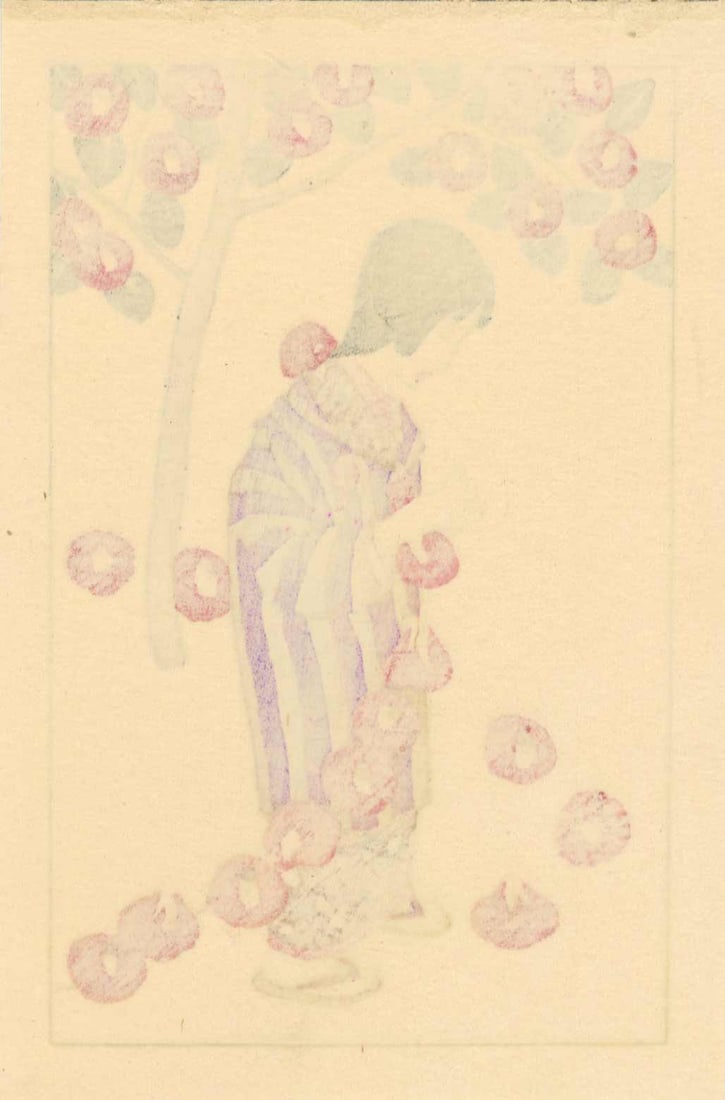 Yumeji Takahisa: Woman Stringing Flowers 1941 Woodblock - 2