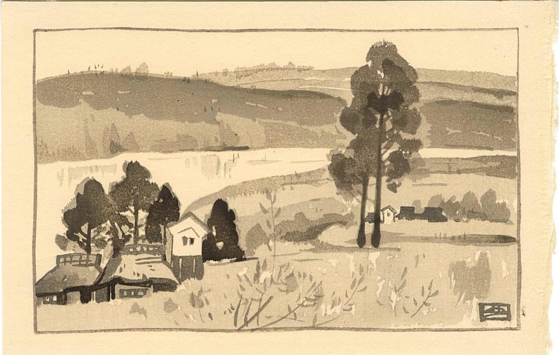 Yumeji Takahisa: Landscape 1941 Woodblock: Japanese Woodblock Print, 1941,from Poems and Paintings by Takehisa Yumeji SIZE IN INCHES: 5 x 8 inches TAKEHISA YUMEJI (1884-1934) was born in Okayama, moved to Tokyo in 1901. He was a self-taught ar