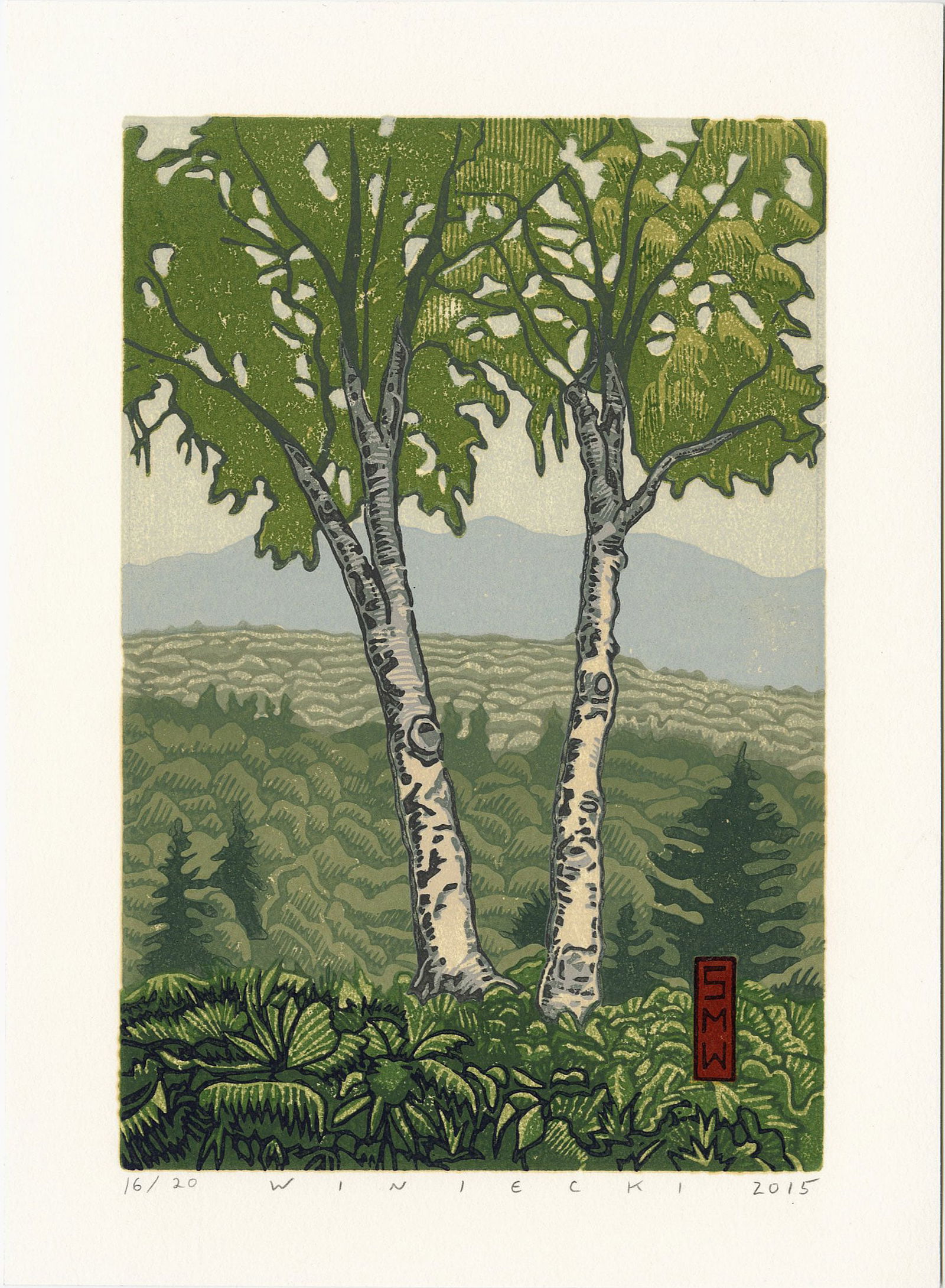 Winiecki Stephen: Wedding Tree 2015 1st Ed Woodblock: Reduction Linocut, limited edition, pencil signed, dated and numbered 16/20 by Winiecki SIZE IN INCHES: chuban, 8 x 11 inches COMMENTS: An original design by Stephen Winieki, who is also know for his