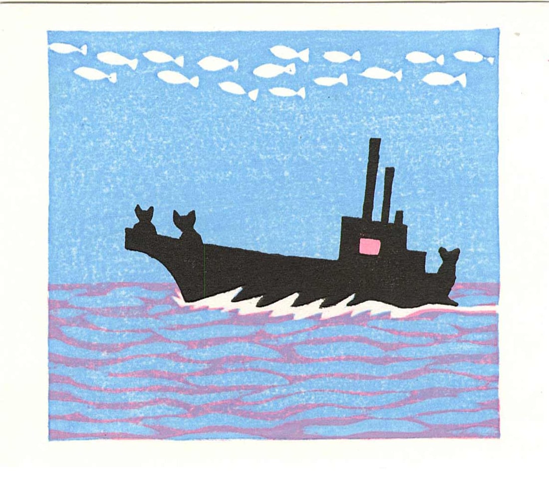 Takashi Ohno: Cats Fishing Woodblock: Japanese Woodblock Print, 2010s, self published SIZE IN INCHES: 6 x 5 inches TAKASHI OHNO (b.1951) was born in Tokyo. He was strongly impressed by the original and imaginative woodblock prints of Yasu