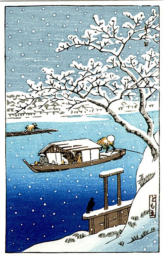 Shotei Takahashi: Winter on the Sumida Woodblock NR: Japanese Woodblock Print, originally published 1930s by Shozaburo Watanabe, this is a later printing SIZE IN INCHES: yatsugiri-ban, 3.5 x 5.5 inches TAKAHASHI SHOTEI (1871-1945) was born in Tokyo with