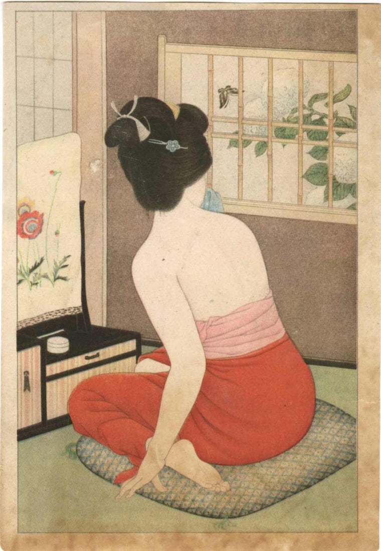 Shinsui Ito: At a Dressing Table Shunga: Japanese Lithograph, Taisho/early-Showa era 1920-30s, Publisher unknown. SIZE IN INCHES: koban , 5 x 7.25 inches COMMENTS: Taisho era Ito Shinsui lithograph from a set titled "Fragrant Beauties" ITO S