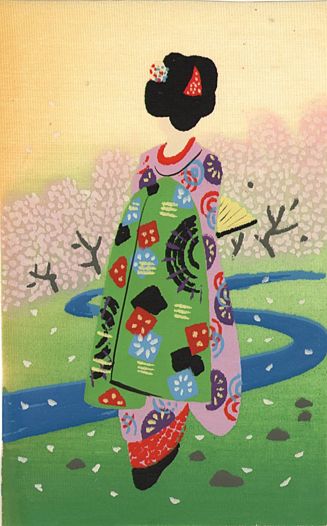 Not Signed: Woman and Cherry Blossoms Woodblock: Japanese Woodblock Print, 1950s, publisher unknown SIZE IN INCHES: 3.5 x 5.25 inches COMMENTS: A beauty observes cherry blossoms. Printed on vellum.