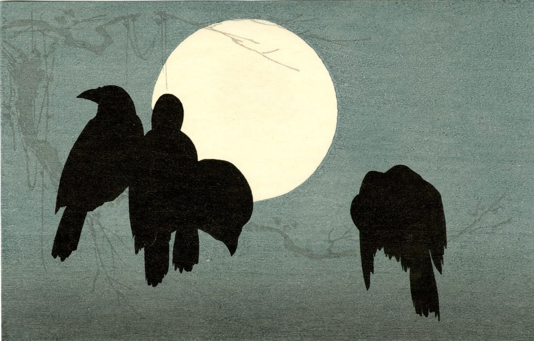 Korin Ogata: Crows and Full Moon Woodblock: Japanese Woodblock Print, 2001 from recarved woodblocks SIZE IN INCHES: 8.75 x 5.75 inches OGATA KORIN was an Edo era painter after whom the Rinpa school/style ("School of [Ko]rin") takes its name. He