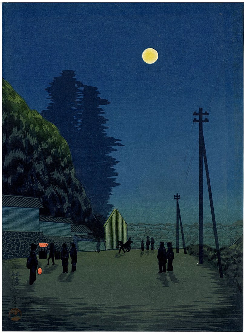 Kiyochika Kobayashi: Yushima Temple at Night 1930s Woodblock: Japanese Woodblock Print, 1930s, published by the Shima Art Co. SIZE IN INCHES: chuban, 7.5 x 10.25 inches PROVENANCE: From the Robert O. Muller estate. KOBAYASHI KIYOCHIKA (1847-1915) was a Japanese