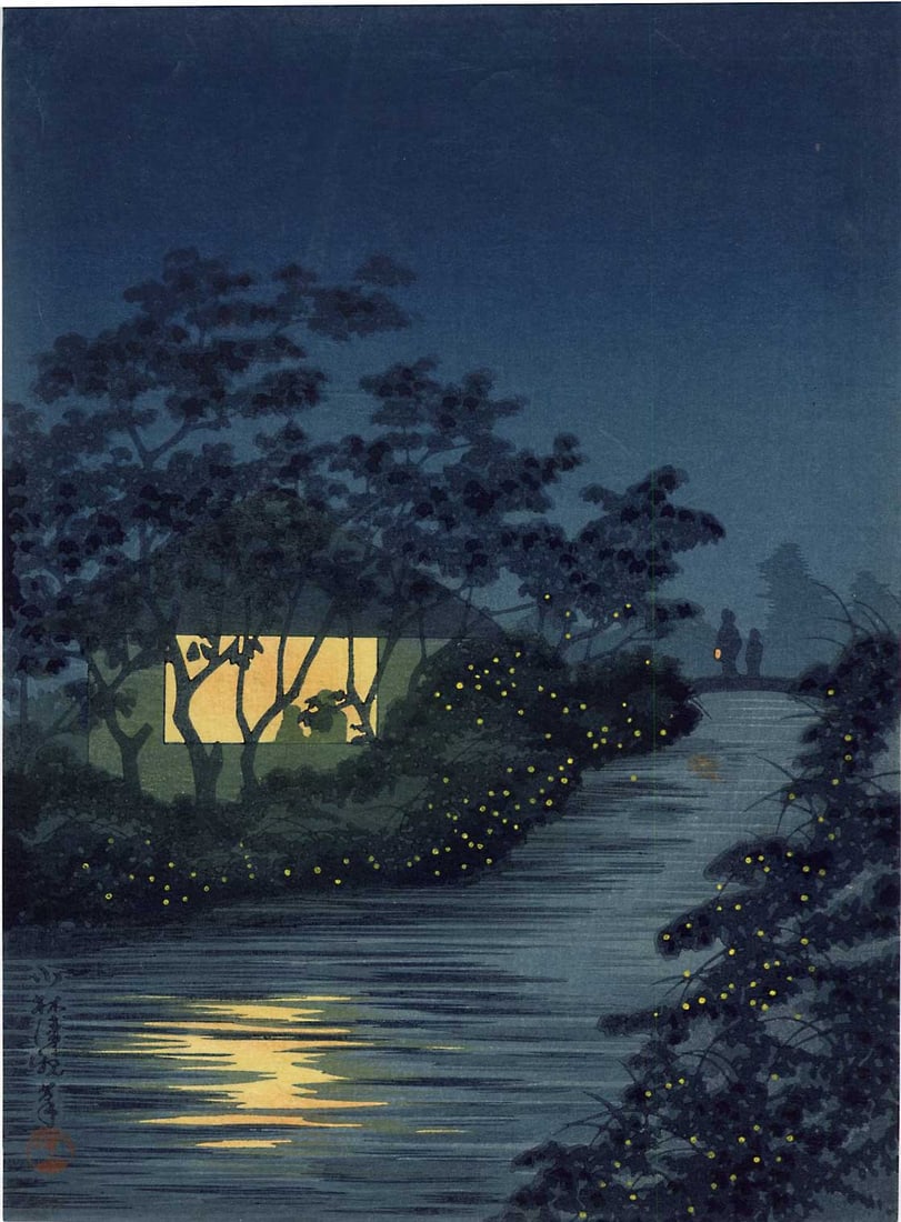Kiyochika Kobayashi: River of Fireflies 1930s Woodblock: Japanese Woodblock Print, 1930s, published by the Shima Art Co. SIZE IN INCHES: chuban, 7.5 x 10.25 inches PROVENANCE: From the Robert O. Muller estate. KOBAYASHI KIYOCHIKA (1847-1915) was a Japanese