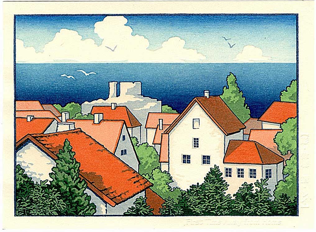 Jed Henry: First Time Away From Home Woodblock: Japanese Woodblock Print, 2020, from the first printing published by Mokunankan SIZE IN INCHES: 5 x7 inches COMMENTS: From the series A Woodblock Pilgrimage, which depicts real locations from anime fi