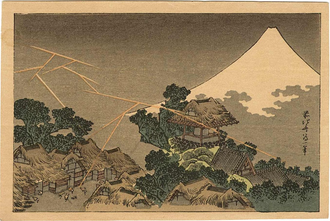 Hokusai Katsushika: Thunderstorm at the Foot of Fuji Woodblock: Japanese Woodblock Print, 1920s, published by Nishinomiya; originally from the ehon One Hundred Views of Mt. Fuji SIZE IN INCHES: 7 x 5 inches KATSUSHIKA HOKUSAI (1760-1849), who also used the names S