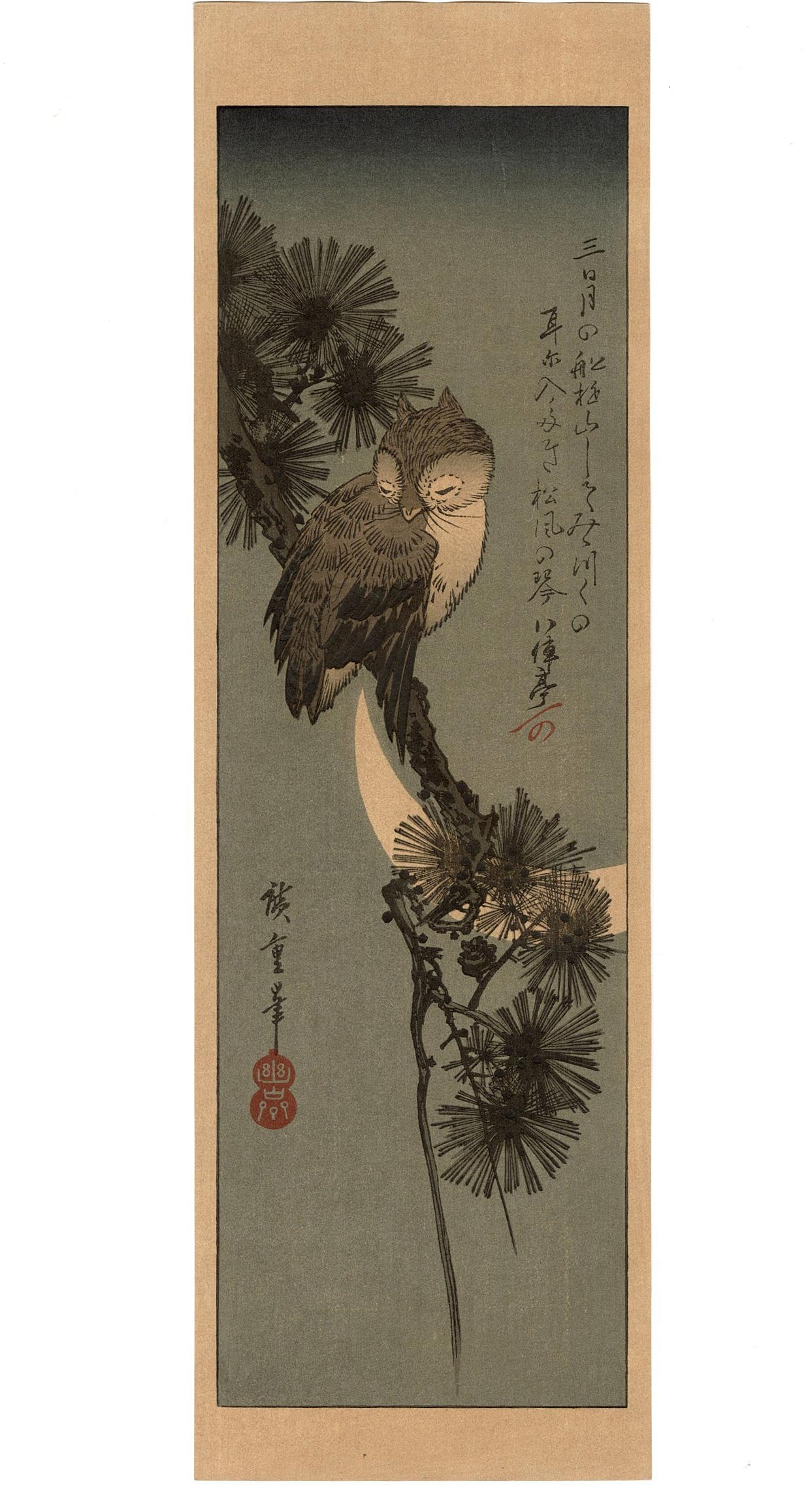 Hiroshige Ando: Little Owl Sleeping in a Pine Woodblock: Japanese Woodblock Print, Showa era edition from recarved woodblocks, published by Nishinomiya SIZE IN INCHES: tanzaku, approx. 5 x 15 inches AN ENDEARING ASPECT OF JAPANESE ART is the ability of