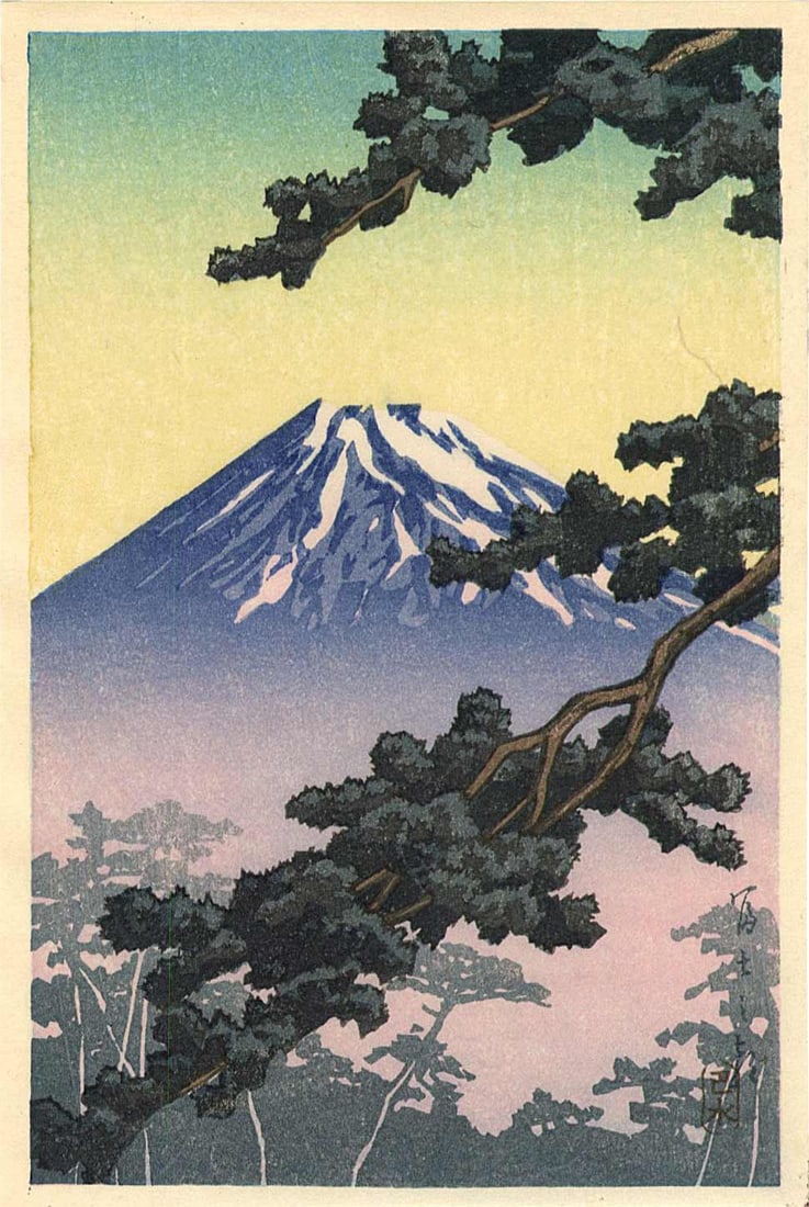 Hasui Kawase: Mt. Fuji in the Morning 1955 Woodblock: Japanese Woodblock Print, 1955, from the series "Shinto and It's Architecture" published by Shozaburo Watanabe SIZE IN INCHES: koban, 5 x 7.25 inches KAWASE HASUI (1883-1957) was a Japanese woodblock