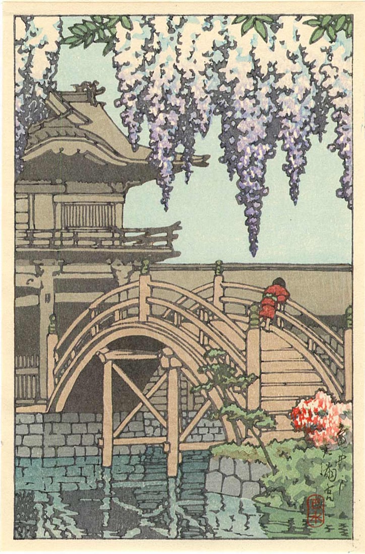 Hasui Kawase: Kamiedo Shrine Wisteria Blossoms 1955 Woodblock: Japanese Woodblock Print, 1955, from the series "Shinto and It's Architecture" published by Shozaburo Watanabe SIZE IN INCHES: koban, 5 x 7.25 inches KAWASE HASUI (1883-1957) was a Japanese woodblock