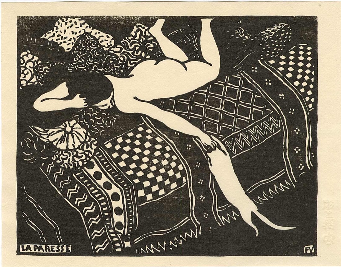 Felix Valloton: La Paresse (Laziness) Woodblock: Woodblock Print, not dated, initialled FV in the block SIZE IN INCHES: koban, 7.25 x 5.75 inches COMMENTS: Contemporary printing from recarved woodblocks of the 1896 original showing a nude on a bed p