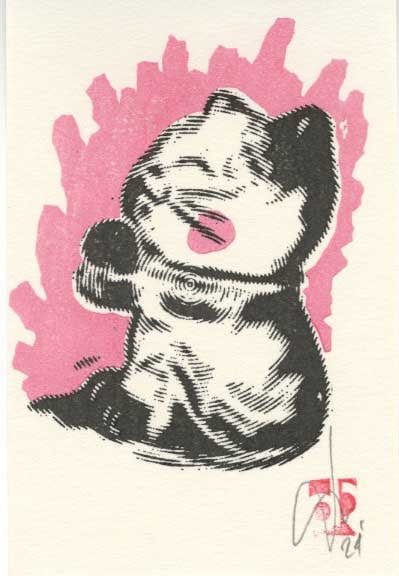 Dominique R.: Lucky Cat Woodblock: Woodblock print, self-published SIZE IN INCHES: 2.5 x 4 inches COMMENTS: Playful contemporary print.