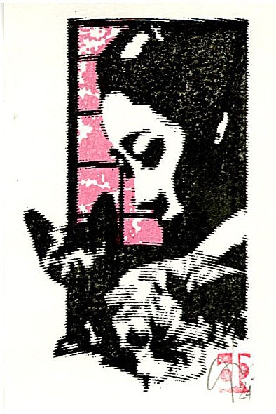 Dominique R.: Woman and Cat Woodblock: Woodblock print, self-published SIZE IN INCHES: 2.5 x 4 inches COMMENTS: Playful contemporary print.
