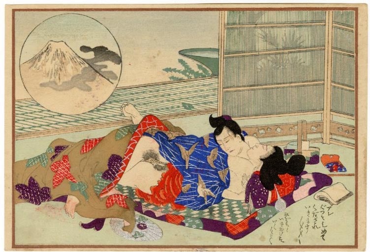 Deluxe Shunga Woodblock c.1910s: Japanese Woodblock Print, Taisho era c.1910 SIZE IN INCHES: 7.5 x 5 inches COMMENTS: From a shunga series of 10 featuring a round inset of Mt. Fuji and various shunga scenes from different historical