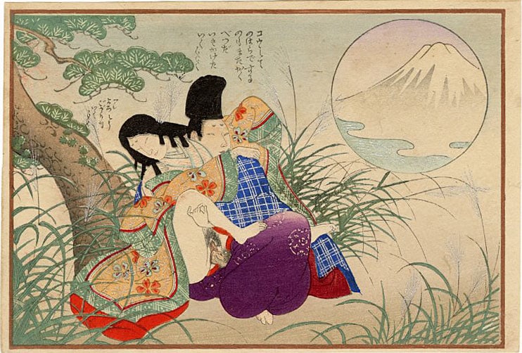 Deluxe Shunga Woodblock c.1910s: Japanese Woodblock Print, Taisho era c.1910 SIZE IN INCHES: 7.5 x 5 inches COMMENTS: From a shunga series of 10 featuring a round inset of Mt. Fuji and various shunga scenes from different historical
