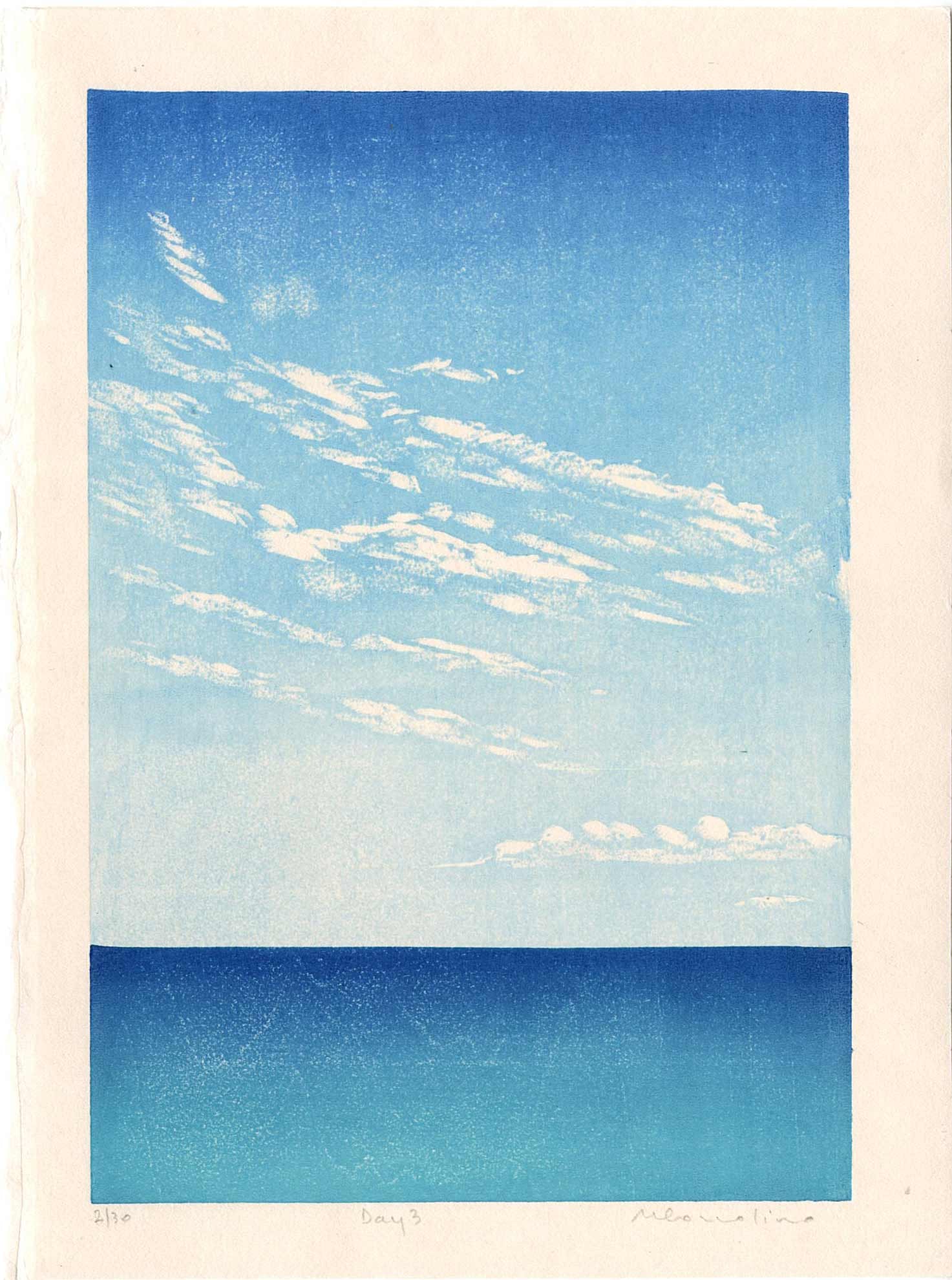 Cozzolino Mara: Day 3 Woodblock 1st Ed.: Japanese Style Reduction Woodblock Print, 2019, self published by Mara Cozzolino, signed, titled and numbered 2/30 SIZE IN INCHES: 7.5 x 10.75 inches MARA COZZOLINO (b.1975) has been creating