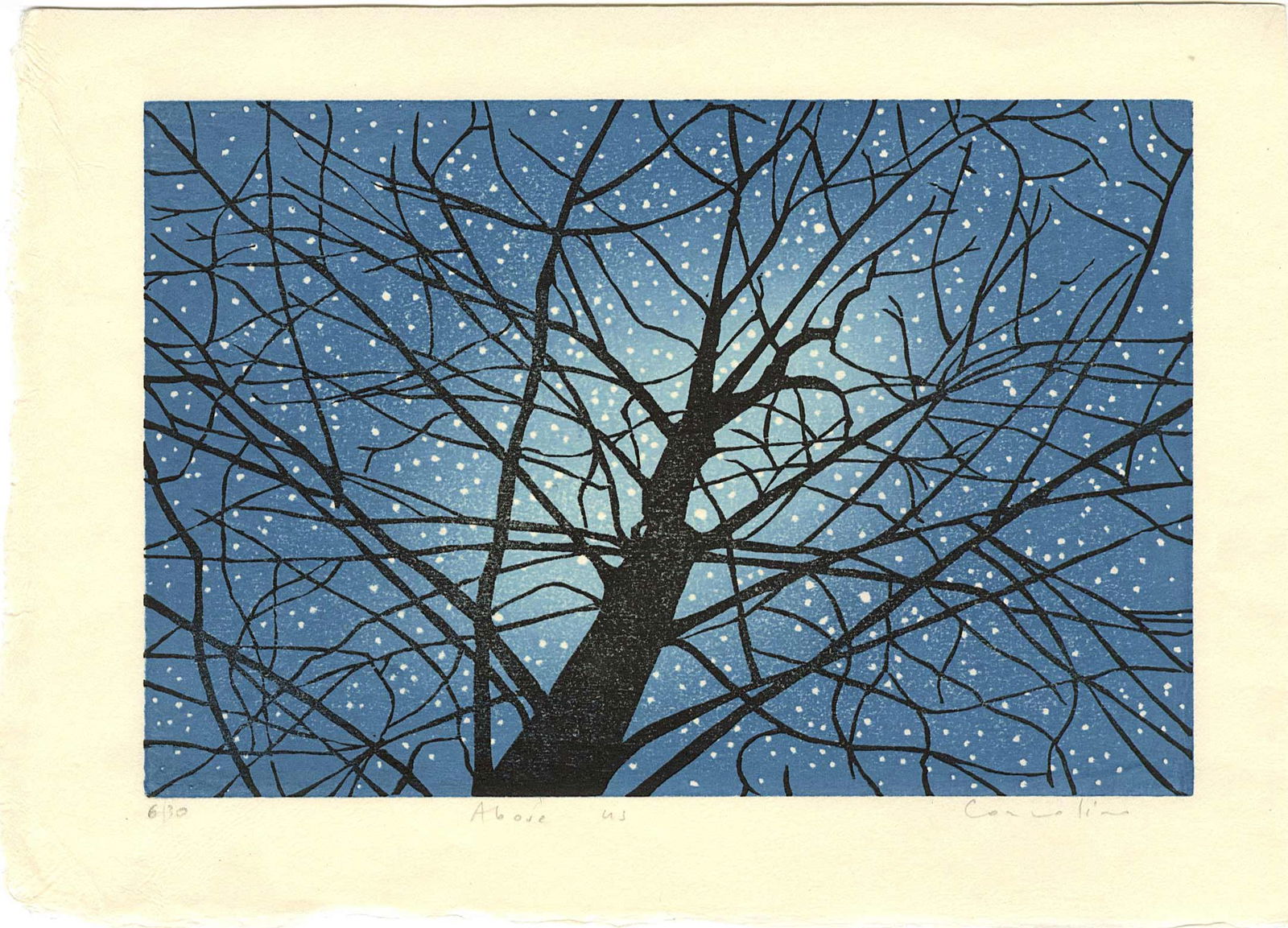 Cozzolino Mara: Above Us Woodblock 1st Ed.: Japanese Style Reduction Woodblock Print, 2018, self published by Mara Cozzolino, signed, titled and numbered 6/30. SIZE IN INCHES: 10.5 x 7.5 inches WHAT IS A REDUCTION WOODBLOCK PRINT? Reduction