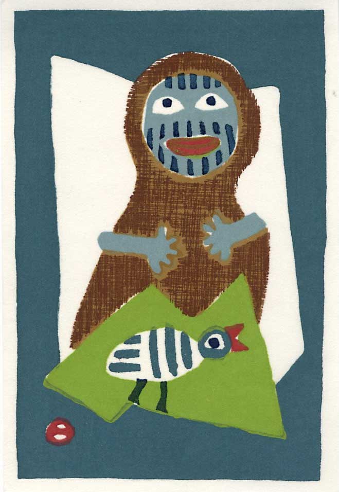 Azechi Umetaro: Mountain Woman with Bird Woodblock: Japanese Woodblock Print, 1960s self published by Azechi SIZE IN INCHES: 4 x 6 inches AZECHI UMETARO (1902-1999) was born to an impoverished farming family in Ehime prefecture on remote Shikoku