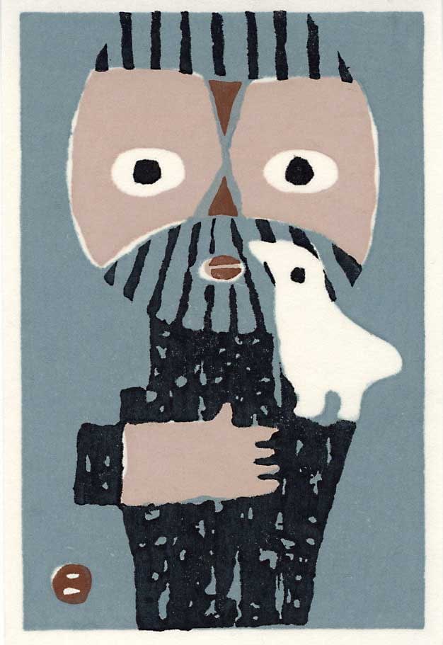 Azechi Umetaro: Mountain Man with a Bird Woodblock: Japanese Woodblock Print, 1960s self published by Azechi SIZE IN INCHES: 4.25 x 6 inches AZECHI UMETARO (1902-1999) was born to an impoverished farming family in Ehime prefecture on remote Shikoku