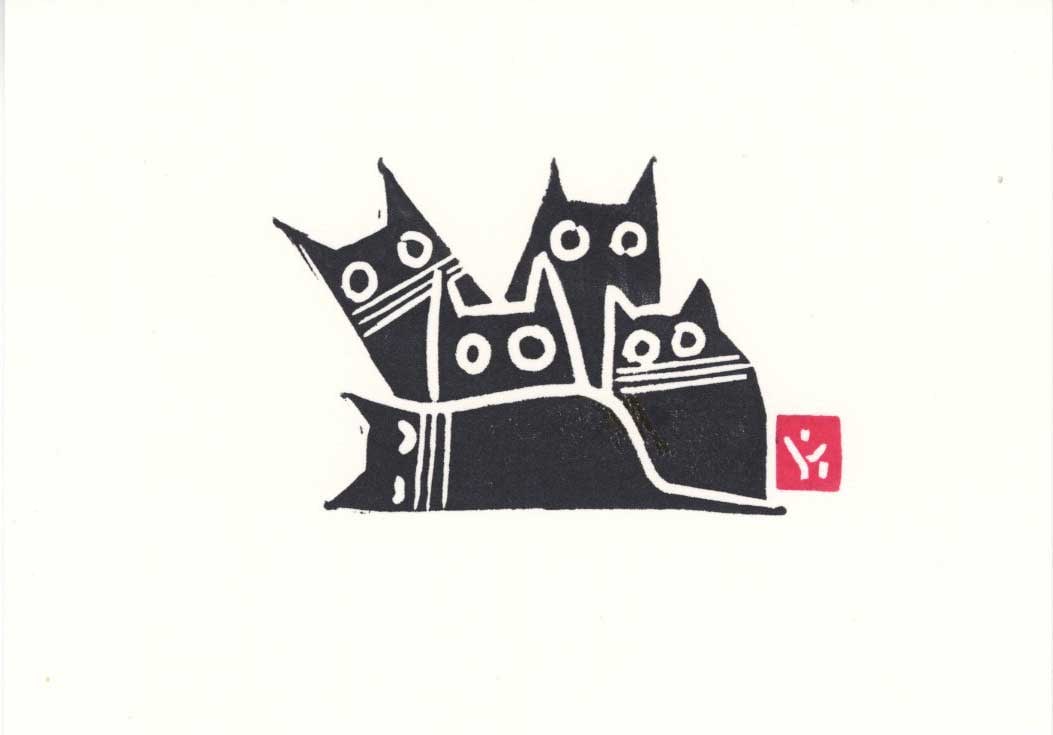 A. Braff: Five Cats Woodblock - 2