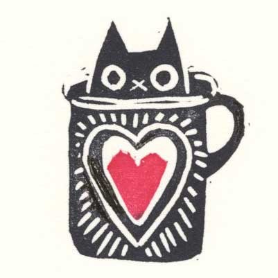 A. Braff: Cat in a Coffee Cup Woodblock: Woodblock Print, undated, self-published by A. Braff, pencil signed on the verso SIZE IN INCHES: 7 x 5 inches