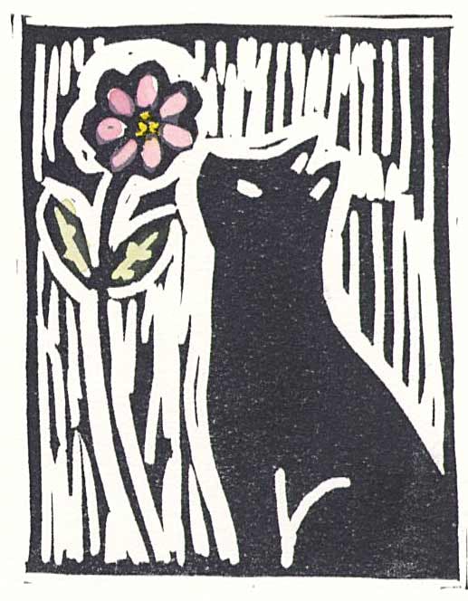 A. Braff: Black Cat and Flower Woodblock: Japanese Woodblock Print, 2025, self published SIZE IN INCHES: 5 x 7 inches