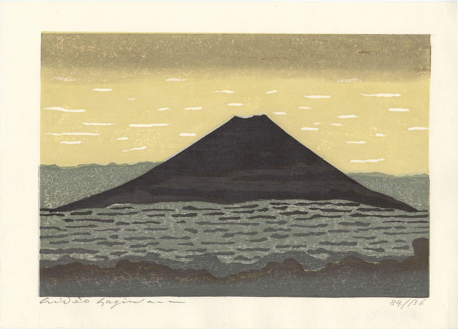 Hagiwara Hideo: Mt Fuji Above Clouds 1992 1st Ed Woodblock NR: Japanese Woodblock Print, 1992, pencil signed and numbered 84/136 SIZE IN INCHES: 16.5 x 12 inches HIDEO HAGIWARA (1913-2007) was a Japanese artist who worked mainly with woodblock prints. He was born