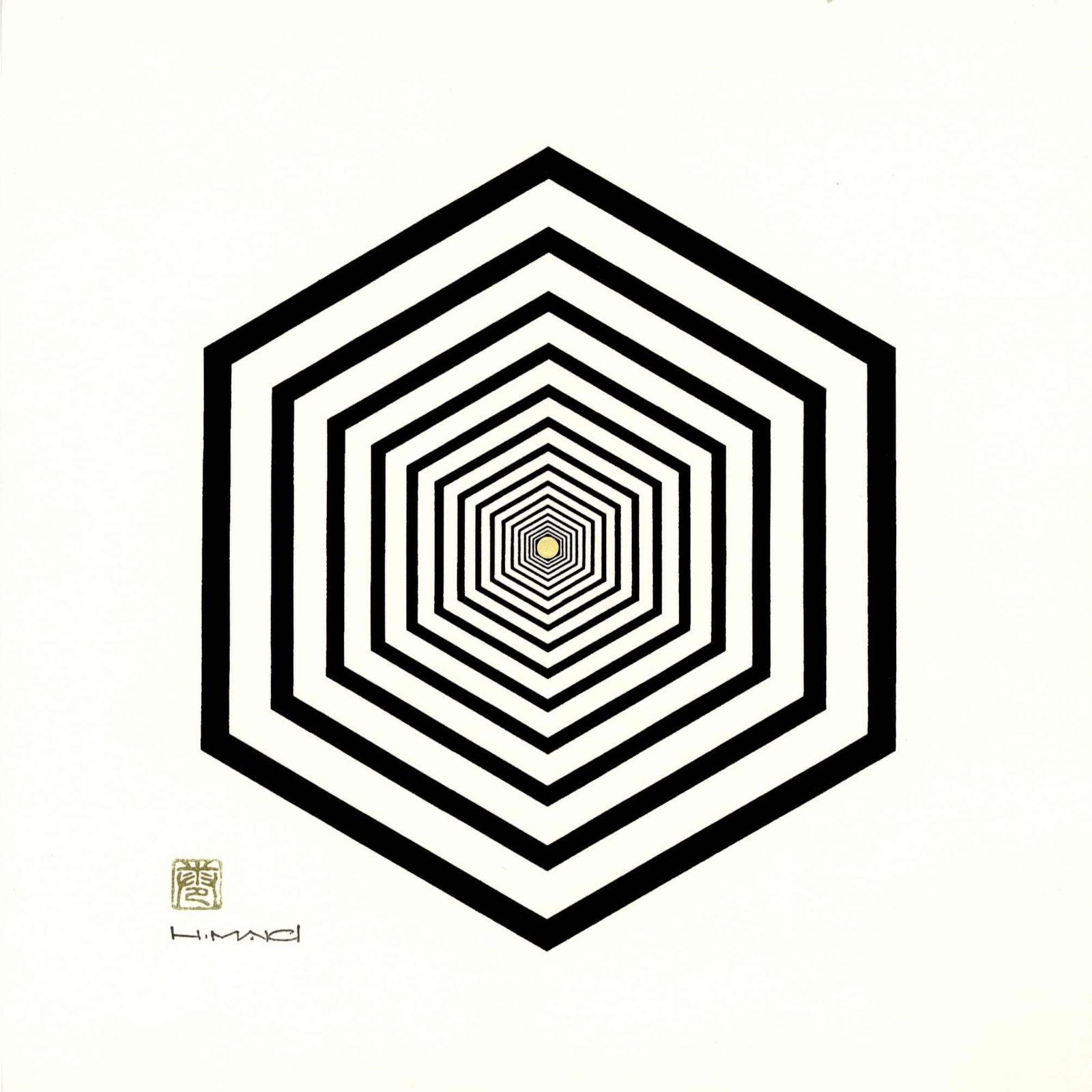 Haku Maki: Cubed Woodblock: Japanese Woodblock Print, signed in ink and sealed SIZE IN INCHES: shikishi , 10 x10 inches COMMENTS: Gold foil used at center. HAKU MAKI (1924-2000) was born with the name Maejima Tadaaki in 1924 in