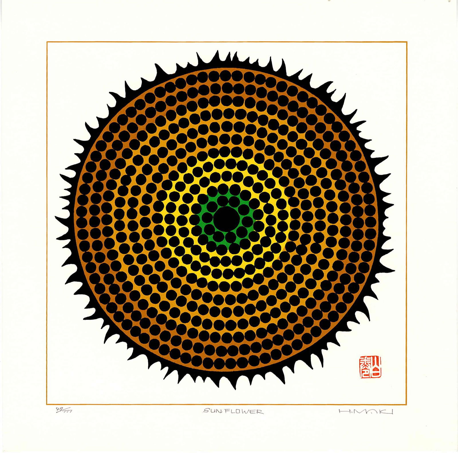 Haku Maki: Sunflower Woodblock: Japanese Woodblock Print, signed in pencil signed, titled and numbered 49/777 SIZE IN INCHES: shikishi , 10 x10 inches HAKU MAKI (1924-2000) was born with the name Maejima Tadaaki in 1924 in the small